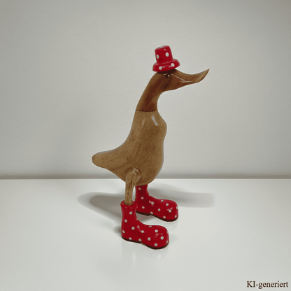 Bambusente mit Hut und Stiefeln in rot - Höhe 40 cm. Jedes Teil handgefertigt und ein Unikat. Ein Deko Hingucker für Drinnen und Draußen. Zudem stehen die Enten aus Bambus für Familie, Treue & Liebe und Holz für Wachstum. So macht es sie dadurch auch zu einem bedeutungsvollen Geschenk für einen lieben Menschen. 
Maße: H ca. 40 cm
Material: Bambus, Holz
Farbe: natur / rot
Ursprung: Indonesien