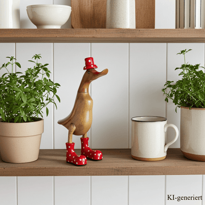 Bambusente mit Hut und Stiefeln in rot - Höhe 40 cm. Jedes Teil handgefertigt und ein Unikat. Ein Deko Hingucker für Drinnen und Draußen. Zudem stehen die Enten aus Bambus für Familie, Treue & Liebe und Holz für Wachstum. So macht es sie dadurch auch zu einem bedeutungsvollen Geschenk für einen lieben Menschen. 
Maße: H ca. 40 cm
Material: Bambus, Holz
Farbe: natur / rot
Ursprung: Indonesien