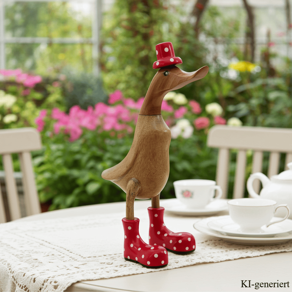Bambusente mit Hut und Stiefeln in rot - Höhe 40 cm. Jedes Teil handgefertigt und ein Unikat. Ein Deko Hingucker für Drinnen und Draußen. Zudem stehen die Enten aus Bambus für Familie, Treue & Liebe und Holz für Wachstum. So macht es sie dadurch auch zu einem bedeutungsvollen Geschenk für einen lieben Menschen. 
Maße: H ca. 40 cm
Material: Bambus, Holz
Farbe: natur / rot
Ursprung: Indonesien