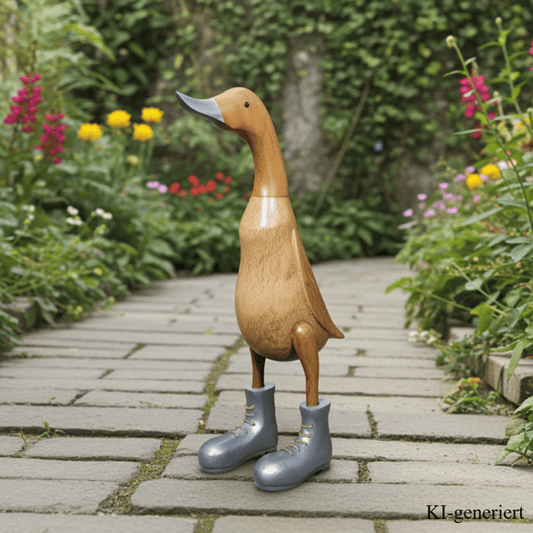 Ente aus Bambus mit grauen Stiefeln, grauem Schnabel und einer Höhe von ca 40 cm. Jedes Teil handgefertigt und ein Unikat. Ein Deko Hingucker für Drinnen und Draußen. Zudem stehen die Enten aus Bambus für Familie, Treue & Liebe und Holz für Wachstum. So macht es sie dadurch auch zu einem bedeutungsvollen Geschenk für einen lieben Menschen. 
Ente mit Stiefeln /&nbsp; grau
Farbe: natur / grau
Material: Bambus, Holz
Maße: Höhe ca 40 cm
Ursprung: Indonesien