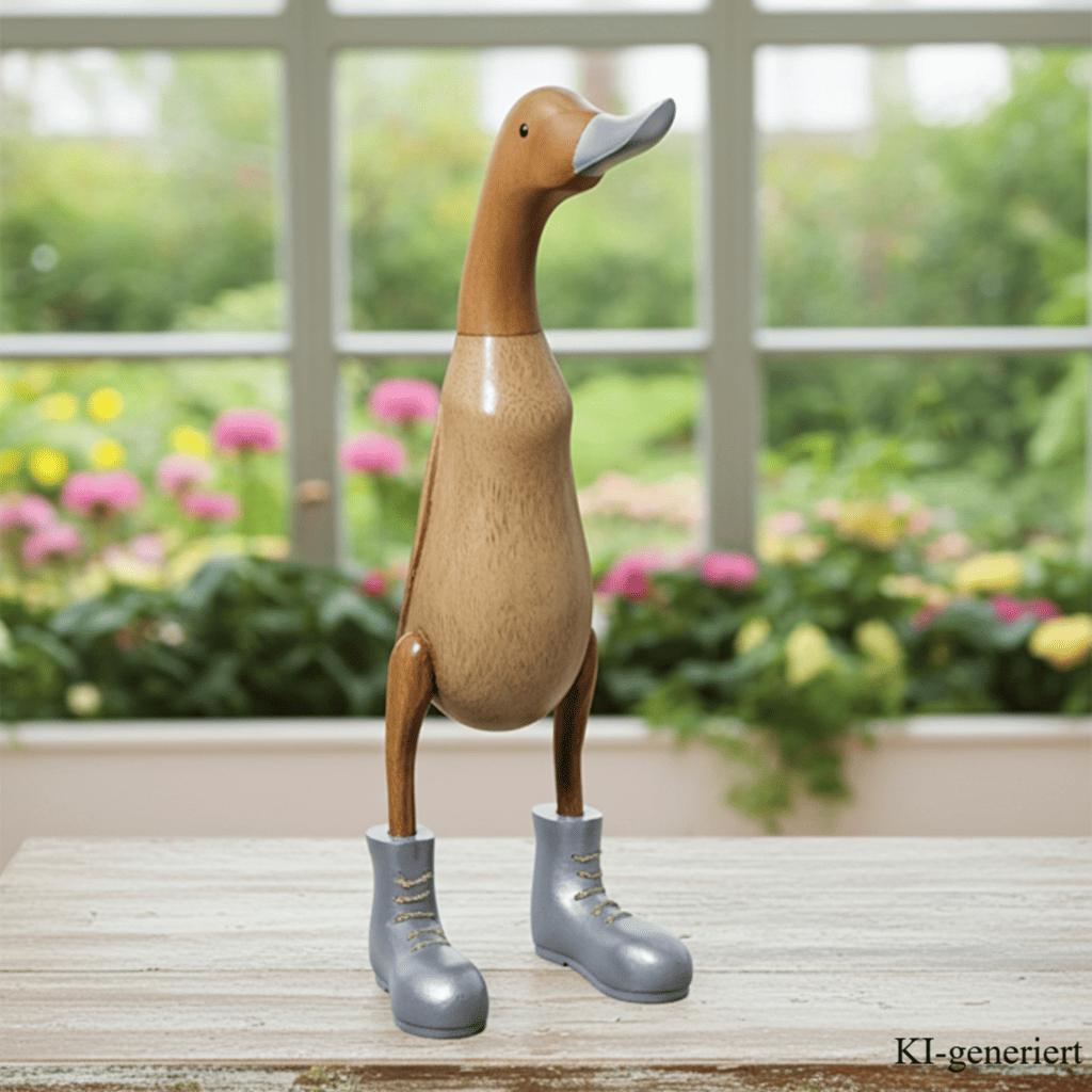 Ente aus Bambus mit grauen Stiefeln, grauem Schnabel und einer Höhe von ca 40 cm. Jedes Teil handgefertigt und ein Unikat. Ein Deko Hingucker für Drinnen und Draußen. Zudem stehen die Enten aus Bambus für Familie, Treue & Liebe und Holz für Wachstum. So macht es sie dadurch auch zu einem bedeutungsvollen Geschenk für einen lieben Menschen. 
Ente mit Stiefeln /&nbsp; grau
Farbe: natur / grau
Material: Bambus, Holz
Maße: Höhe ca 40 cm
Ursprung: Indonesien
