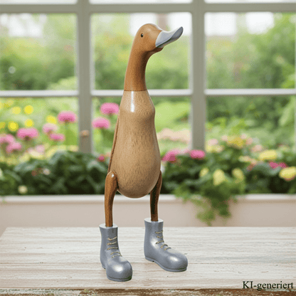 Ente aus Bambus mit grauen Stiefeln, grauem Schnabel und einer Höhe von ca 40 cm. Jedes Teil handgefertigt und ein Unikat. Ein Deko Hingucker für Drinnen und Draußen. Zudem stehen die Enten aus Bambus für Familie, Treue & Liebe und Holz für Wachstum. So macht es sie dadurch auch zu einem bedeutungsvollen Geschenk für einen lieben Menschen. 
Ente mit Stiefeln /&nbsp; grau
Farbe: natur / grau
Material: Bambus, Holz
Maße: Höhe ca 40 cm
Ursprung: Indonesien