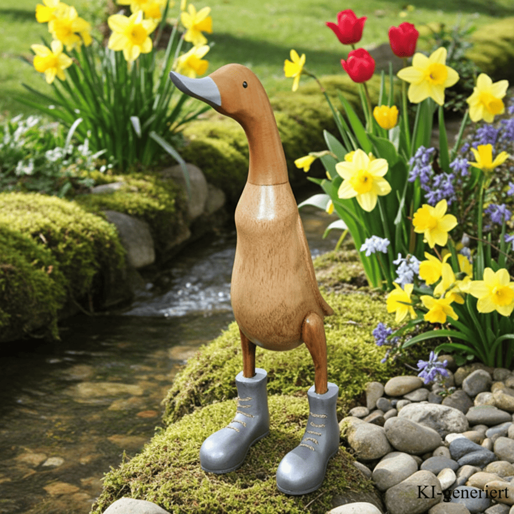 Ente aus Bambus mit grauen Stiefeln, grauem Schnabel und einer Höhe von ca 40 cm. Jedes Teil handgefertigt und ein Unikat. Ein Deko Hingucker für Drinnen und Draußen. Zudem stehen die Enten aus Bambus für Familie, Treue & Liebe und Holz für Wachstum. So macht es sie dadurch auch zu einem bedeutungsvollen Geschenk für einen lieben Menschen. 
Ente mit Stiefeln /&nbsp; grau
Farbe: natur / grau
Material: Bambus, Holz
Maße: Höhe ca 40 cm
Ursprung: Indonesien