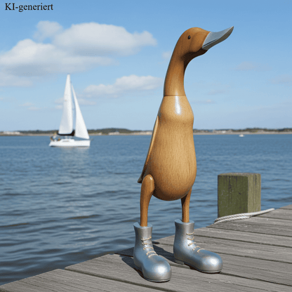 Ente aus Bambus mit grauen Stiefeln, grauem Schnabel und einer Höhe von ca 40 cm. Jedes Teil handgefertigt und ein Unikat. Ein Deko Hingucker für Drinnen und Draußen. Zudem stehen die Enten aus Bambus für Familie, Treue & Liebe und Holz für Wachstum. So macht es sie dadurch auch zu einem bedeutungsvollen Geschenk für einen lieben Menschen. 
Ente mit Stiefeln /&nbsp; grau
Farbe: natur / grau
Material: Bambus, Holz
Maße: Höhe ca 40 cm
Ursprung: Indonesien
