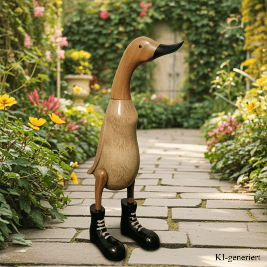 Ente aus Bambus mit schwarzen Stiefeln, schwarzem Schnabel und einer Höhe von ca. 40 cm. Jedes Teil handgefertigt und ein Unikat. Ein Deko Hingucker für Drinnen und Draußen. 
Zudem stehen die Enten aus Bambus für Familie, Treue & Liebe und Holz für Wachstum. So macht es sie dadurch auch zu einem bedeutungsvollen Geschenk für einen lieben Menschen.
Ente mit Stiefeln / schwarz
Farben: natur / schwarz
Material: Bambus, Holz
Maße: Höhe ca 40 cm
Ursprung: Indonesien