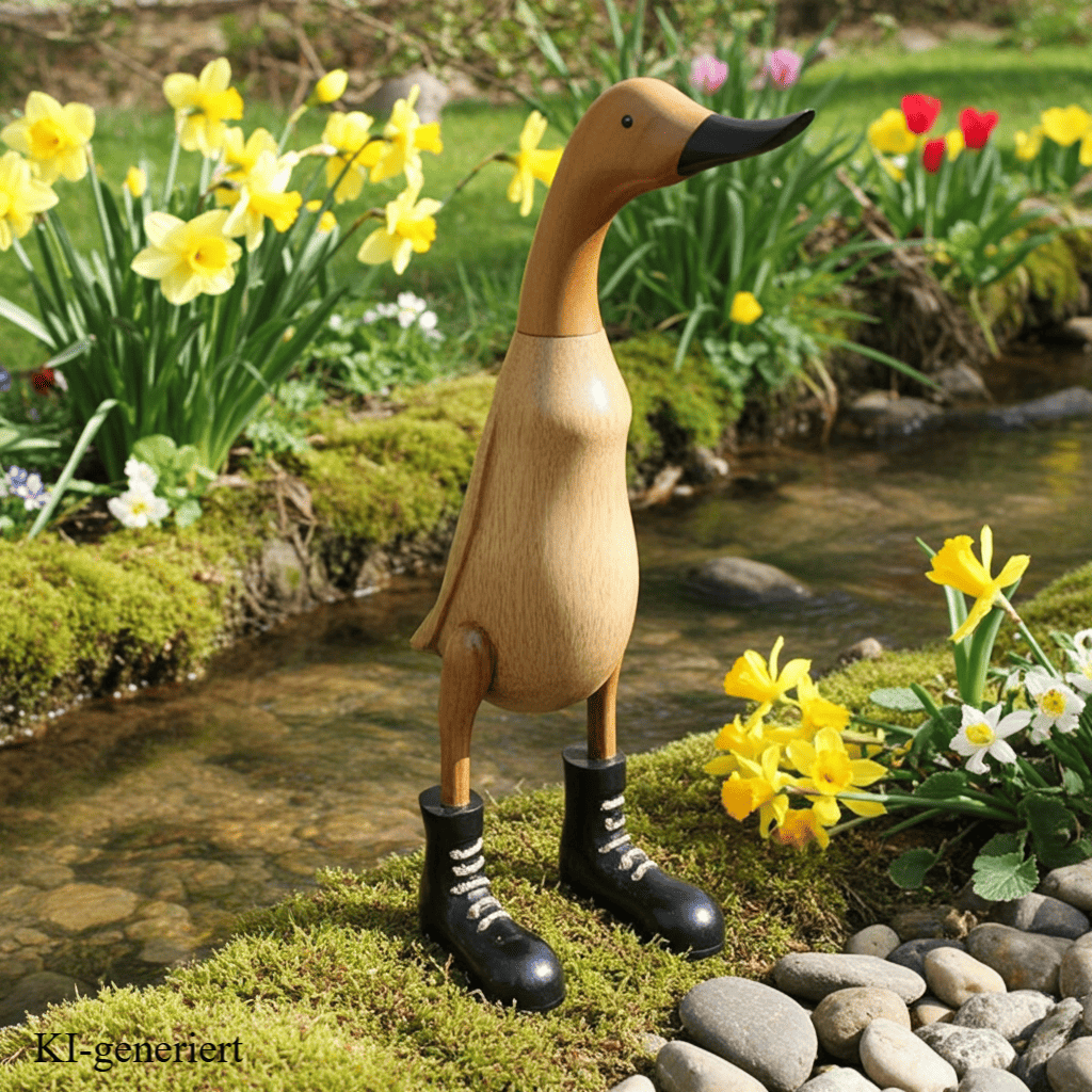 Ente aus Bambus mit schwarzen Stiefeln, schwarzem Schnabel und einer Höhe von ca. 40 cm. Jedes Teil handgefertigt und ein Unikat. Ein Deko Hingucker für Drinnen und Draußen. 
Zudem stehen die Enten aus Bambus für Familie, Treue & Liebe und Holz für Wachstum. So macht es sie dadurch auch zu einem bedeutungsvollen Geschenk für einen lieben Menschen.
Ente mit Stiefeln / schwarz
Farben: natur / schwarz
Material: Bambus, Holz
Maße: Höhe ca 40 cm
Ursprung: Indonesien