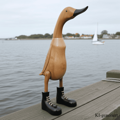 Ente aus Bambus mit schwarzen Stiefeln, schwarzem Schnabel und einer Höhe von ca. 40 cm. Jedes Teil handgefertigt und ein Unikat. Ein Deko Hingucker für Drinnen und Draußen. 
Zudem stehen die Enten aus Bambus für Familie, Treue & Liebe und Holz für Wachstum. So macht es sie dadurch auch zu einem bedeutungsvollen Geschenk für einen lieben Menschen.
Ente mit Stiefeln / schwarz
Farben: natur / schwarz
Material: Bambus, Holz
Maße: Höhe ca 40 cm
Ursprung: Indonesien