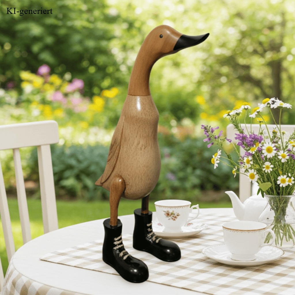 Ente aus Bambus mit schwarzen Stiefeln, schwarzem Schnabel und einer Höhe von ca. 40 cm. Jedes Teil handgefertigt und ein Unikat. Ein Deko Hingucker für Drinnen und Draußen. 
Zudem stehen die Enten aus Bambus für Familie, Treue & Liebe und Holz für Wachstum. So macht es sie dadurch auch zu einem bedeutungsvollen Geschenk für einen lieben Menschen.
Ente mit Stiefeln / schwarz
Farben: natur / schwarz
Material: Bambus, Holz
Maße: Höhe ca 40 cm
Ursprung: Indonesien