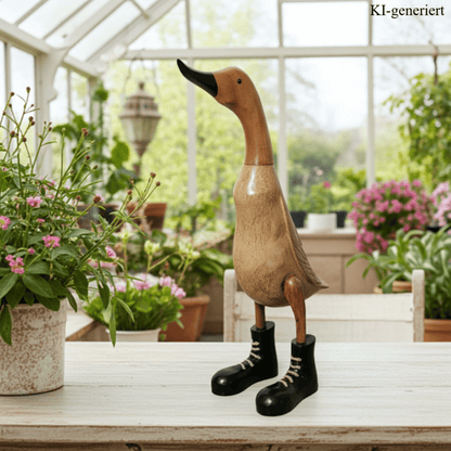 Ente aus Bambus mit schwarzen Stiefeln, schwarzem Schnabel und einer Höhe von ca. 40 cm. Jedes Teil handgefertigt und ein Unikat. Ein Deko Hingucker für Drinnen und Draußen. 
Zudem stehen die Enten aus Bambus für Familie, Treue & Liebe und Holz für Wachstum. So macht es sie dadurch auch zu einem bedeutungsvollen Geschenk für einen lieben Menschen.
Ente mit Stiefeln / schwarz
Farben: natur / schwarz
Material: Bambus, Holz
Maße: Höhe ca 40 cm
Ursprung: Indonesien