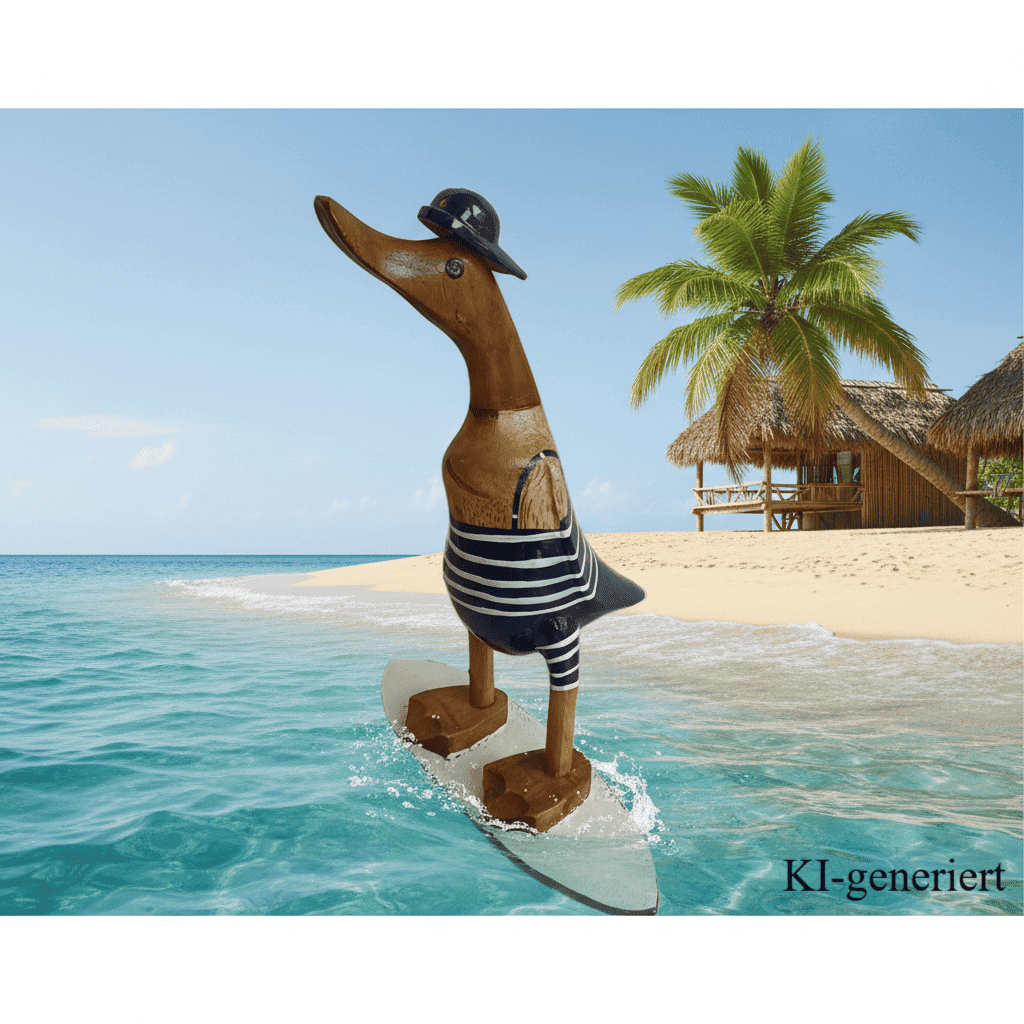 Bambusente als Surfer mit Surfbrett in den Farben blau und weiß - Höhe ca. 25 cm - Den Surfer gibt es in 2 verschiedenen Ausführungen. 
Wunderschöne Deko aus Bambuswurzel. Jedes Teil handgefertigt und ein Unikat. Ein Hingucker für Drinnen und Draußen. Zudem stehen die Enten aus Bambus für Familie, Treue & Liebe und Holz für Wachstum. So macht es sie dadurch auch zu einem bedeutungsvollen Geschenk für einen lieben Menschen.