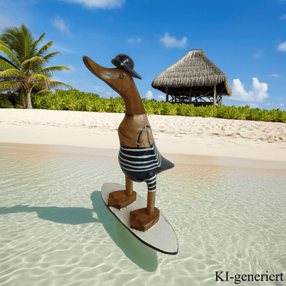 Bambusente als Surfer mit Surfbrett in den Farben blau und weiß - Höhe ca. 25 cm - Den Surfer gibt es in 2 verschiedenen Ausführungen. 
Wunderschöne Deko aus Bambuswurzel. Jedes Teil handgefertigt und ein Unikat. Ein Hingucker für Drinnen und Draußen. Zudem stehen die Enten aus Bambus für Familie, Treue & Liebe und Holz für Wachstum. So macht es sie dadurch auch zu einem bedeutungsvollen Geschenk für einen lieben Menschen.