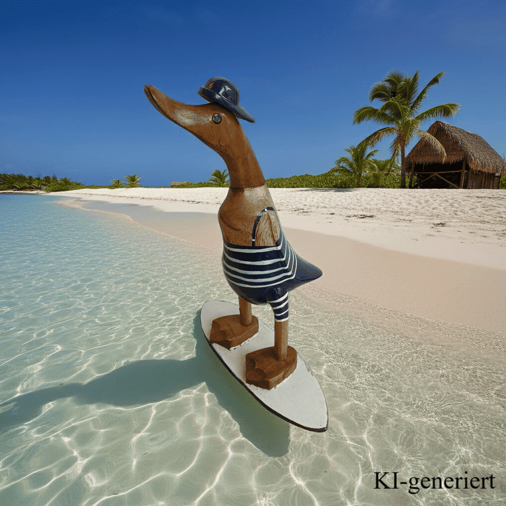 Bambusente als Surfer mit Surfbrett in den Farben blau und weiß - Höhe ca. 25 cm - Den Surfer gibt es in 2 verschiedenen Ausführungen. 
Wunderschöne Deko aus Bambuswurzel. Jedes Teil handgefertigt und ein Unikat. Ein Hingucker für Drinnen und Draußen. Zudem stehen die Enten aus Bambus für Familie, Treue & Liebe und Holz für Wachstum. So macht es sie dadurch auch zu einem bedeutungsvollen Geschenk für einen lieben Menschen.