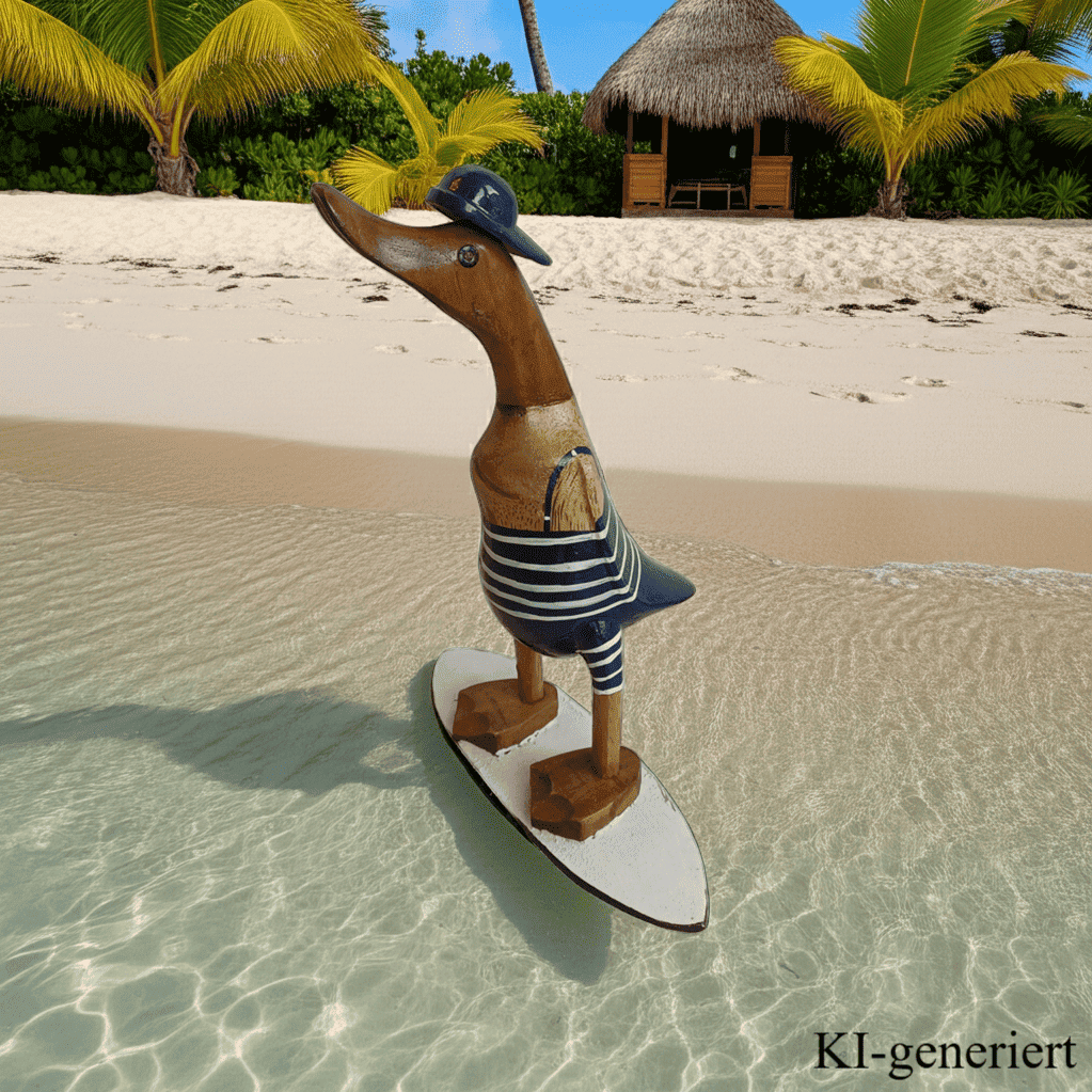 Bambusente als Surfer mit Surfbrett in den Farben blau und weiß - Höhe ca. 25 cm - Den Surfer gibt es in 2 verschiedenen Ausführungen. 
Wunderschöne Deko aus Bambuswurzel. Jedes Teil handgefertigt und ein Unikat. Ein Hingucker für Drinnen und Draußen. Zudem stehen die Enten aus Bambus für Familie, Treue & Liebe und Holz für Wachstum. So macht es sie dadurch auch zu einem bedeutungsvollen Geschenk für einen lieben Menschen.