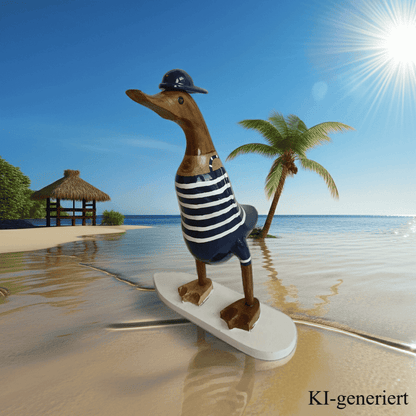Bambusente als Surfer mit Surfbrett in den Farben blau und weiß - Höhe ca. 25 cm - Den Surfer gibt es in 2 verschiedenen Ausführungen. 
Wunderschöne Deko aus Bambuswurzel. Jedes Teil handgefertigt und ein Unikat. Ein Hingucker für Drinnen und Draußen. Zudem stehen die Enten aus Bambus für Familie, Treue & Liebe und Holz für Wachstum. So macht es sie dadurch auch zu einem bedeutungsvollen Geschenk für einen lieben Menschen.