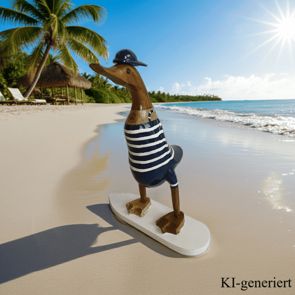Bambusente als Surfer mit Surfbrett in den Farben blau und weiß - Höhe ca. 25 cm - Den Surfer gibt es in 2 verschiedenen Ausführungen. 
Wunderschöne Deko aus Bambuswurzel. Jedes Teil handgefertigt und ein Unikat. Ein Hingucker für Drinnen und Draußen. Zudem stehen die Enten aus Bambus für Familie, Treue & Liebe und Holz für Wachstum. So macht es sie dadurch auch zu einem bedeutungsvollen Geschenk für einen lieben Menschen.