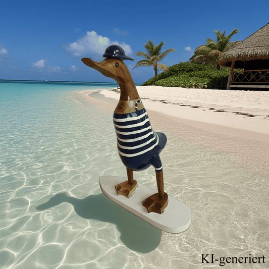 Bambusente als Surfer mit Surfbrett in den Farben blau und weiß - Höhe ca. 25 cm - Den Surfer gibt es in 2 verschiedenen Ausführungen. 
Wunderschöne Deko aus Bambuswurzel. Jedes Teil handgefertigt und ein Unikat. Ein Hingucker für Drinnen und Draußen. Zudem stehen die Enten aus Bambus für Familie, Treue & Liebe und Holz für Wachstum. So macht es sie dadurch auch zu einem bedeutungsvollen Geschenk für einen lieben Menschen.
