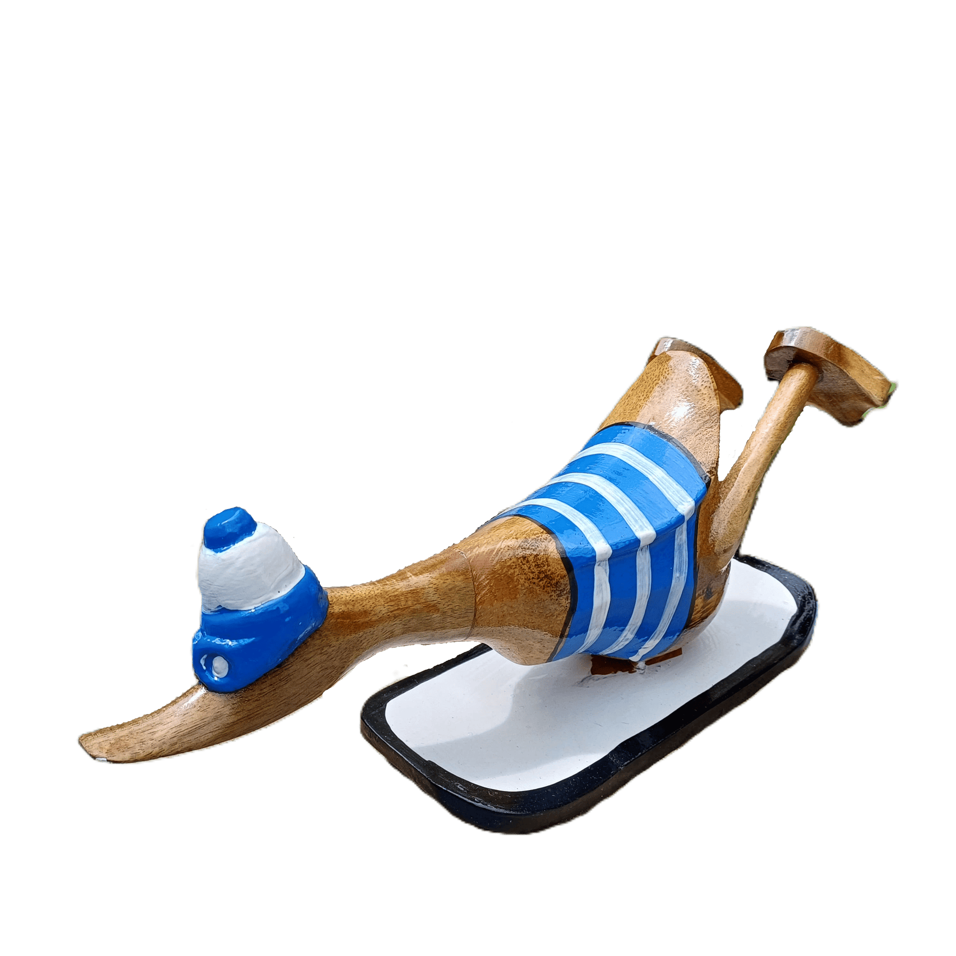 Bambusente als Surfer mit Surfbrett in den Farben blau und weiß - ca. 25 x 9 x 12cm. Wunderschöne Deko aus Bambuswurzel. Jedes Teil handgefertigt und ein Unikat. Hergestellt auf Bali