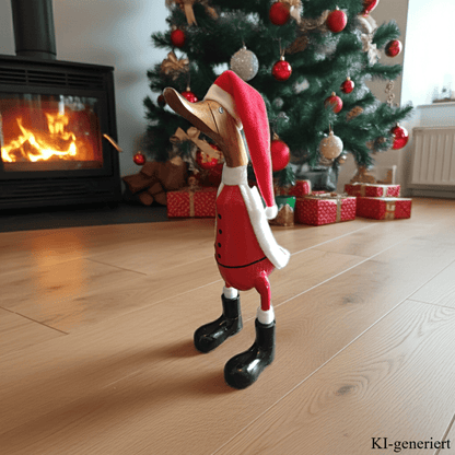 Ente Weihnachtsmann aus Bambus ca. 43 cm mit Mütze. Wunderschöne Deko aus Bambuswurzel. Jedes Teil ist handgefertigt und ein Unikat aus Bali. Die Bambusente ist ein wahrer Hingucker für Drinnen und Draußen. 
Zudem stehen die Enten aus Bambus für Treue, Harmonie und Familie. So macht es sie auch zu einem bedeutungsvollen Geschenk.
Maße: H ca. 43 cm
Material: Bambus, Holz Filz
Farbe: rot, schwarz, weiß
Ursprung: Indonesien