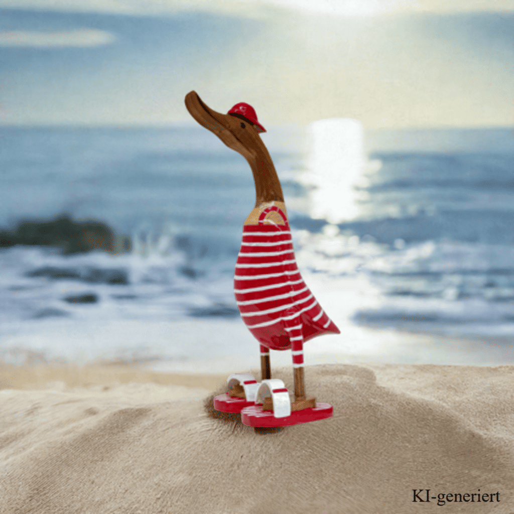 Ente aus Bambus - Badefreund - mit roten Flip Flops und Cap und einer Höhe von ca. 40 cm
Wunderschöne Deko aus Bambuswurzel. Jedes Teil handgefertigt und ein Unikat. Ein Hingucker für Drinnen und Draußen.
Zudem stehen die Enten aus Bambus für Treue, Harmonie und Familie. So macht es sie auch zu einem bedeutungsvollen Geschenk.
Ente mit Flip Flops und Cap / rot - weiß
Farbe: natur / rot - weiß
Material: Bambus
Maße: Höhe ca 40 cm
Ursprung: Indonesien