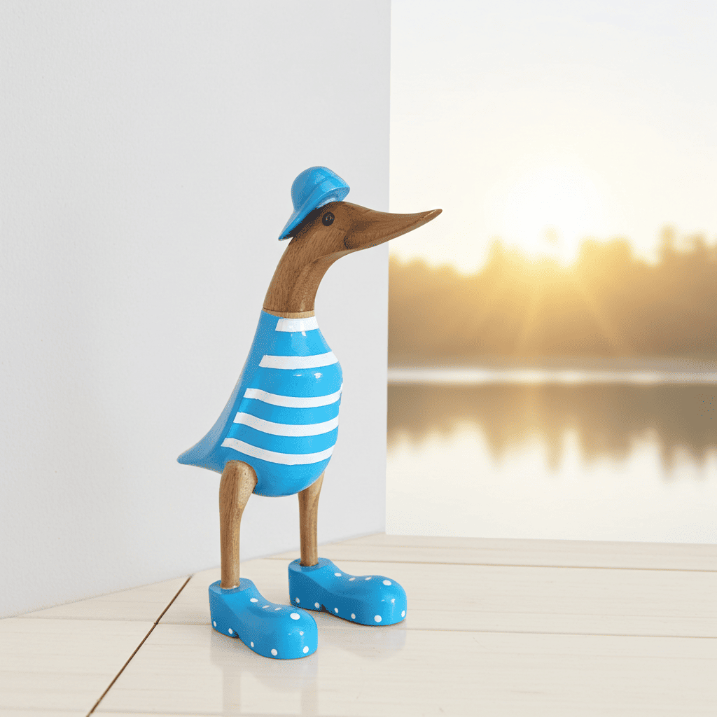 Strandente aus Bambus mit blauen Schuhen und Cap in einer Höhe von 25 cm - Wunderschöne Deko aus Bambuswurzel. Jedes Teil handgefertigt und ein Unikat. Ein Hingucker für Drinnen und Draußen. 
Ente mit Schuhen + Cap / blau - Farbe: blau / weiß / natur - Material: Bambus - Maße: Höhe 25 cm - Ursprung: Indonesien