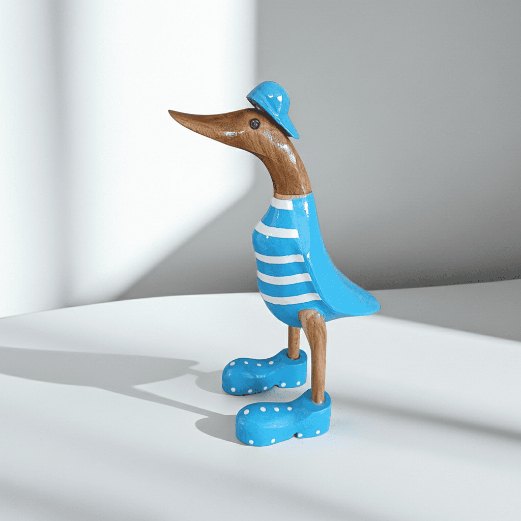 Strandente aus Bambus mit blauen Schuhen und Cap in einer Höhe von 25 cm - Wunderschöne Deko aus Bambuswurzel. Jedes Teil handgefertigt und ein Unikat. Ein Hingucker für Drinnen und Draußen. 
Ente mit Schuhen + Cap / blau - Farbe: blau / weiß / natur - Material: Bambus - Maße: Höhe 25 cm - Ursprung: Indonesien