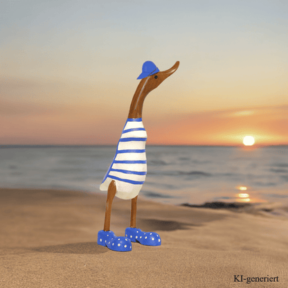 Strandente mit Cap und Schuhen blau ca. 40 cm. Wunderschöne Deko aus Bambuswurzel. Jedes Teil handgefertigt und ein Unikat aus Bali. Ein Hingucker für Drinnen und Draußen. Zudem stehen die Enten aus Bambus für Treue, Harmonie und Familie. So macht es sie auch zu einem bedeutungsvollen Geschenk.
