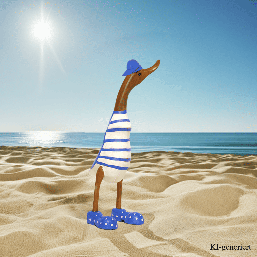 Strandente mit Cap und Schuhen blau ca. 40 cm. Wunderschöne Deko aus Bambuswurzel. Jedes Teil handgefertigt und ein Unikat aus Bali. Ein Hingucker für Drinnen und Draußen. Zudem stehen die Enten aus Bambus für Treue, Harmonie und Familie. So macht es sie auch zu einem bedeutungsvollen Geschenk.
