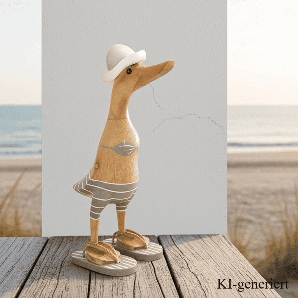 Strandente aus Bambus im grauen Bikini mit weißen Streifen, Sonnenhut und Flip Flops - Höhe ca. 25 cm.
Wunderschöne Deko aus Bambuswurzel. Jedes Teil handgefertigt und ein Unikat. Ein Hingucker für Drinnen und Draußen. Zudem stehen die Enten aus Bambus für Familie, Treue & Liebe und Holz für Wachstum. So macht es sie dadurch auch zu einem bedeutungsvollen Geschenk für einen lieben Menschen.