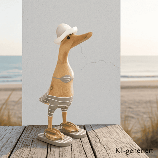 Strandente aus Bambus im grauen Bikini mit weißen Streifen, Sonnenhut und Flip Flops - Höhe ca. 25 cm.
Wunderschöne Deko aus Bambuswurzel. Jedes Teil handgefertigt und ein Unikat. Ein Hingucker für Drinnen und Draußen. Zudem stehen die Enten aus Bambus für Familie, Treue & Liebe und Holz für Wachstum. So macht es sie dadurch auch zu einem bedeutungsvollen Geschenk für einen lieben Menschen.