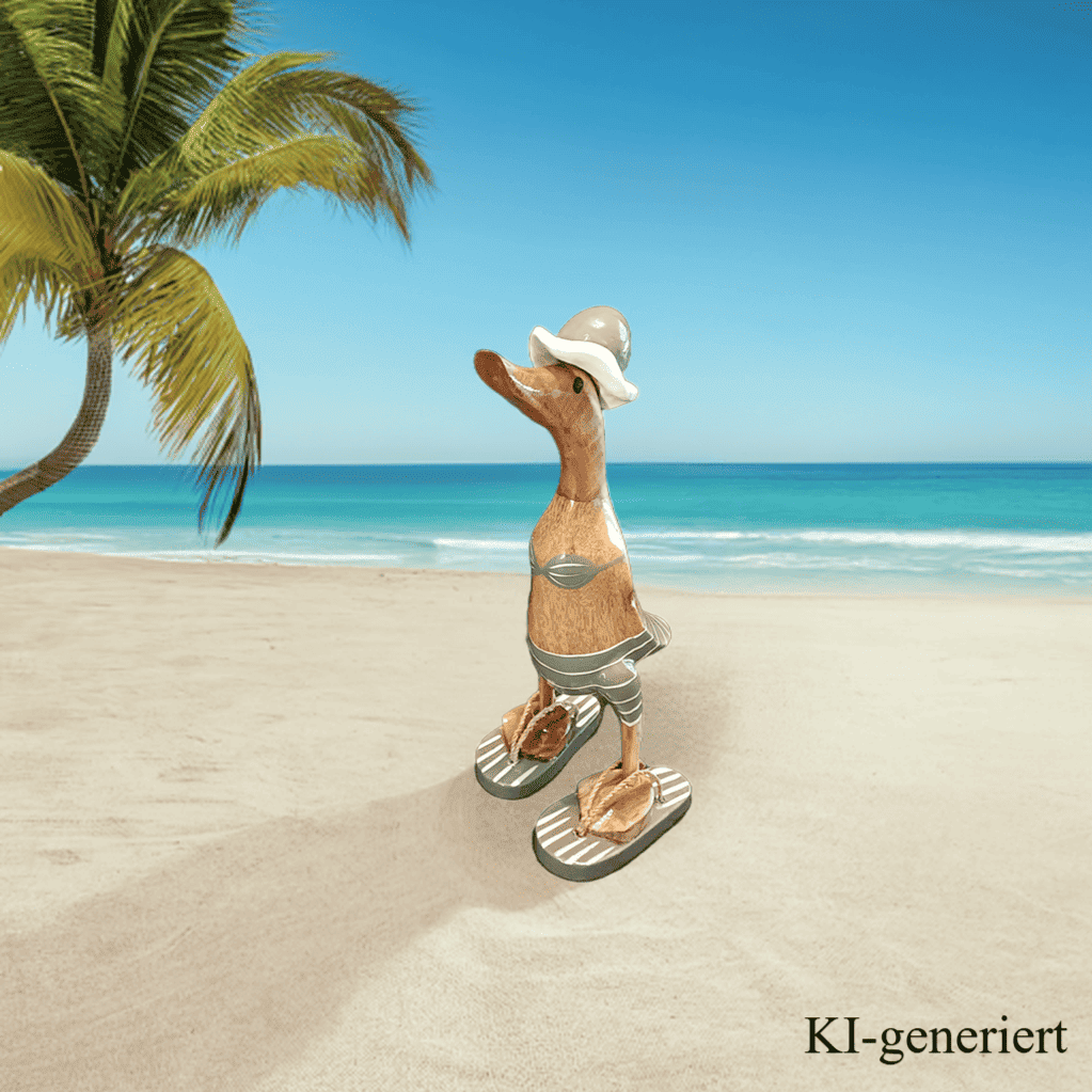 Strandente aus Bambus im grauen Bikini mit weißen Streifen, Sonnenhut und Flip Flops - Höhe ca. 25 cm.
Wunderschöne Deko aus Bambuswurzel. Jedes Teil handgefertigt und ein Unikat. Ein Hingucker für Drinnen und Draußen. Zudem stehen die Enten aus Bambus für Familie, Treue & Liebe und Holz für Wachstum. So macht es sie dadurch auch zu einem bedeutungsvollen Geschenk für einen lieben Menschen.