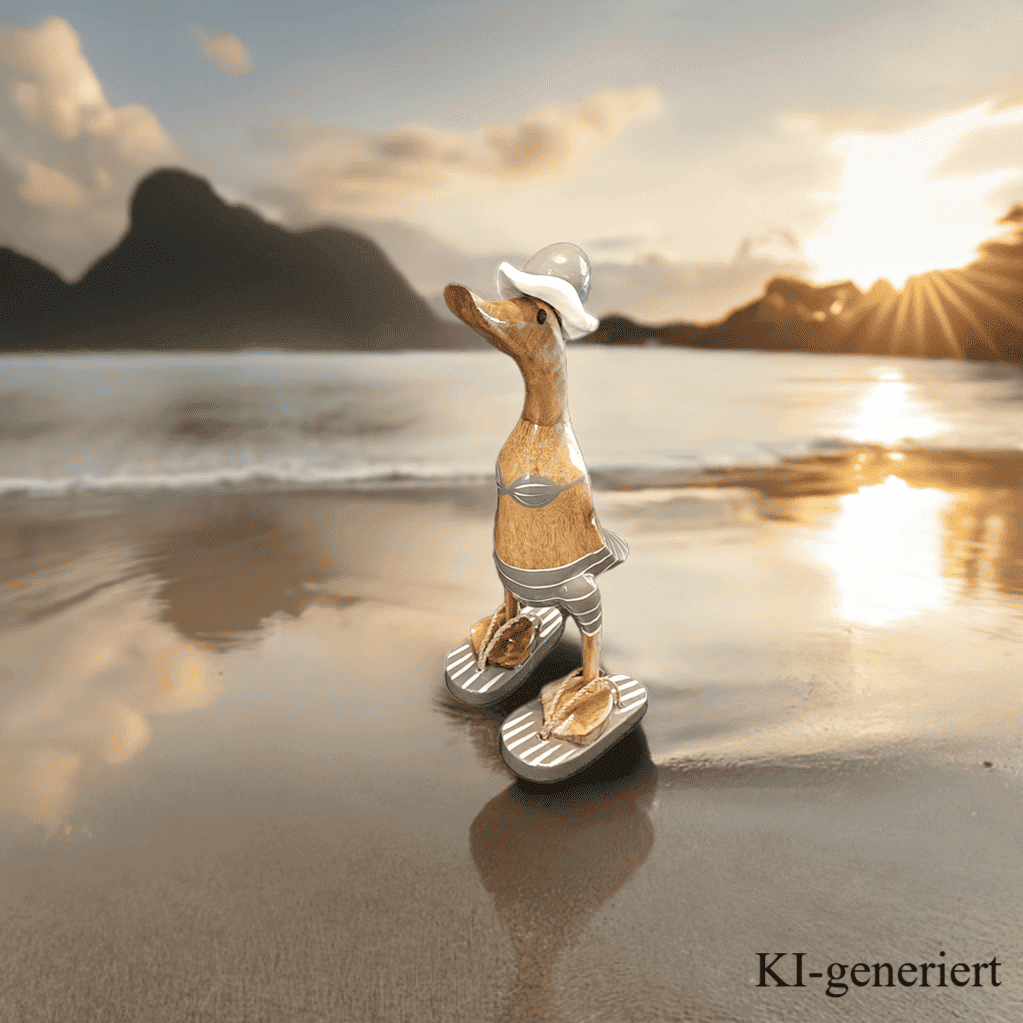 Strandente aus Bambus im grauen Bikini mit weißen Streifen, Sonnenhut und Flip Flops - Höhe ca. 25 cm.
Wunderschöne Deko aus Bambuswurzel. Jedes Teil handgefertigt und ein Unikat. Ein Hingucker für Drinnen und Draußen. Zudem stehen die Enten aus Bambus für Familie, Treue & Liebe und Holz für Wachstum. So macht es sie dadurch auch zu einem bedeutungsvollen Geschenk für einen lieben Menschen.