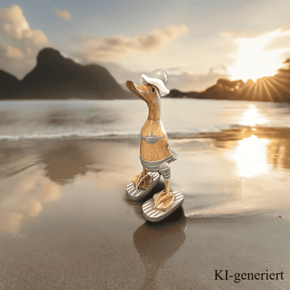 Strandente aus Bambus im grauen Bikini mit weißen Streifen, Sonnenhut und Flip Flops - Höhe ca. 25 cm.
Wunderschöne Deko aus Bambuswurzel. Jedes Teil handgefertigt und ein Unikat. Ein Hingucker für Drinnen und Draußen. Zudem stehen die Enten aus Bambus für Familie, Treue & Liebe und Holz für Wachstum. So macht es sie dadurch auch zu einem bedeutungsvollen Geschenk für einen lieben Menschen.