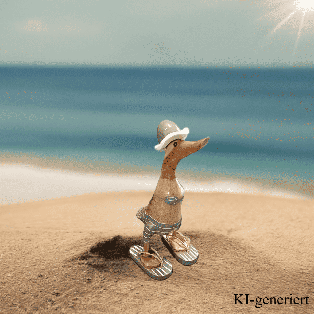 Strandente aus Bambus im grauen Bikini mit weißen Streifen, Sonnenhut und Flip Flops - Höhe ca. 25 cm.
Wunderschöne Deko aus Bambuswurzel. Jedes Teil handgefertigt und ein Unikat. Ein Hingucker für Drinnen und Draußen. Zudem stehen die Enten aus Bambus für Familie, Treue & Liebe und Holz für Wachstum. So macht es sie dadurch auch zu einem bedeutungsvollen Geschenk für einen lieben Menschen.