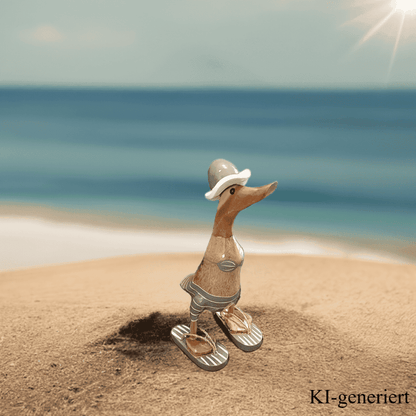 Strandente aus Bambus im grauen Bikini mit weißen Streifen, Sonnenhut und Flip Flops - Höhe ca. 25 cm.
Wunderschöne Deko aus Bambuswurzel. Jedes Teil handgefertigt und ein Unikat. Ein Hingucker für Drinnen und Draußen. Zudem stehen die Enten aus Bambus für Familie, Treue & Liebe und Holz für Wachstum. So macht es sie dadurch auch zu einem bedeutungsvollen Geschenk für einen lieben Menschen.