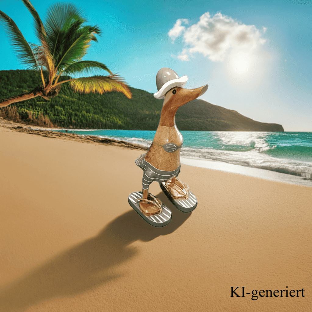Strandente aus Bambus im grauen Bikini mit weißen Streifen, Sonnenhut und Flip Flops - Höhe ca. 25 cm.
Wunderschöne Deko aus Bambuswurzel. Jedes Teil handgefertigt und ein Unikat. Ein Hingucker für Drinnen und Draußen. Zudem stehen die Enten aus Bambus für Familie, Treue & Liebe und Holz für Wachstum. So macht es sie dadurch auch zu einem bedeutungsvollen Geschenk für einen lieben Menschen.