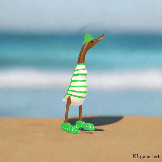 Strandente mit Cap und Schuhen grün ca. 40 cm
Wunderschöne Deko aus Bambuswurzel. Jedes Teil handgefertigt und ein Unikat aus Bali. Ein Hingucker für Drinnen und Draußen.
Zudem stehen die Enten aus Bambus für Treue, Harmonie und Familie. So macht es sie auch zu einem bedeutungsvollen Geschenk.
Maße: H 40 cm
Material: Bambus / Holz
Farbe: natur / grün 
Ursprung: Indonesien