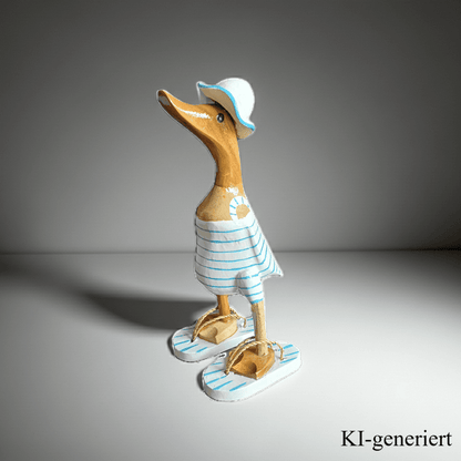 Strandente aus Bambus im weißen Badeanzug mit hellblauen Streifen, Sonnenhut und Flip Flops - Höhe ca. 25 cm. Wunderschöne Deko aus Bambuswurzel. Jedes Teil handgefertigt und ein Unikat. Ein Hingucker für Drinnen und Draußen. Das Bild ist KI-generiert