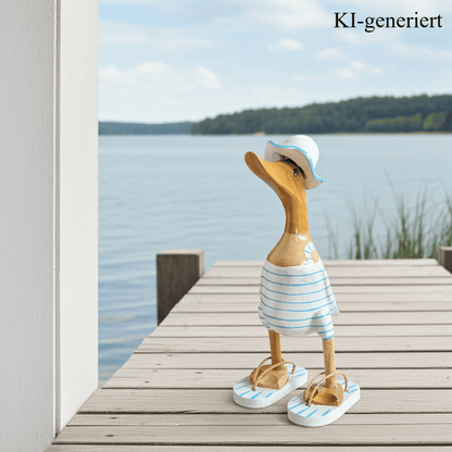 Strandente aus Bambus im weißen Badeanzug mit hellblauen Streifen, Sonnenhut und Flip Flops - Höhe ca. 25 cm. Wunderschöne Deko aus Bambuswurzel. Jedes Teil handgefertigt und ein Unikat. Ein Hingucker für Drinnen und Draußen. Das Bild ist KI-generiert