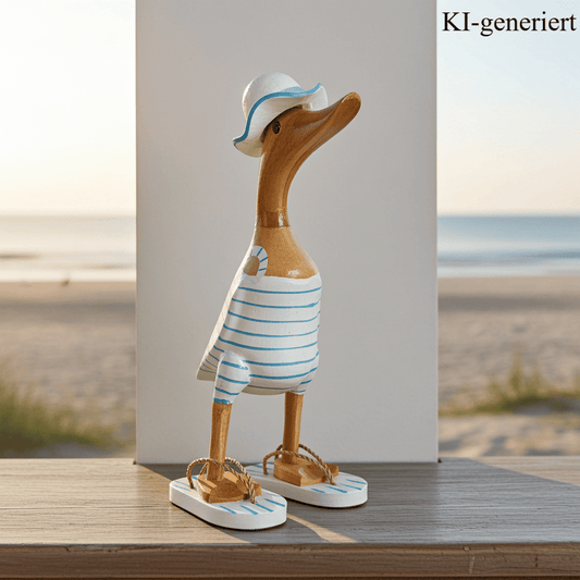 Strandente aus Bambus im weißen Badeanzug mit hellblauen Streifen, Sonnenhut und Flip Flops - Höhe ca. 25 cm. Wunderschöne Deko aus Bambuswurzel. Jedes Teil handgefertigt und ein Unikat. Ein Hingucker für Drinnen und Draußen. Das Bild ist KI-generiert