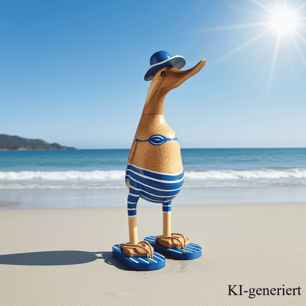 Ente aus Bambus - mit blauen Flip Flops, Hut und Bikini - Höhe ca. 25 cm. 
Wunderschöne Deko aus Bambuswurzel. Jedes Teil handgefertigt und ein Unikat. Ein Hingucker für Drinnen und Draußen. Das Bild ist mit KI-generiert.