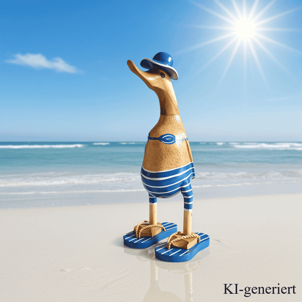 Ente aus Bambus - mit blauen Flip Flops, Hut und Bikini - Höhe ca. 25 cm. 
Wunderschöne Deko aus Bambuswurzel. Jedes Teil handgefertigt und ein Unikat. Ein Hingucker für Drinnen und Draußen. Das Bild ist mit KI-generiert.