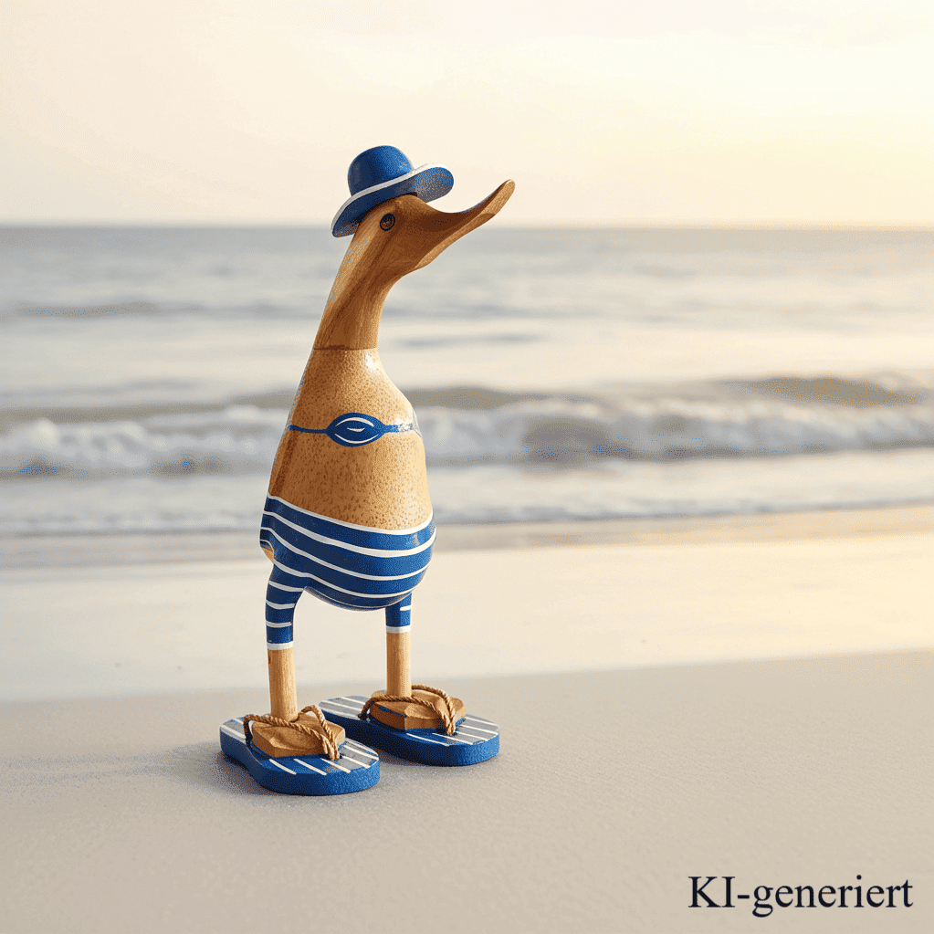 Ente aus Bambus - mit blauen Flip Flops, Hut und Bikini - Höhe ca. 25 cm. 
Wunderschöne Deko aus Bambuswurzel. Jedes Teil handgefertigt und ein Unikat. Ein Hingucker für Drinnen und Draußen. Das Bild ist mit KI-generiert.