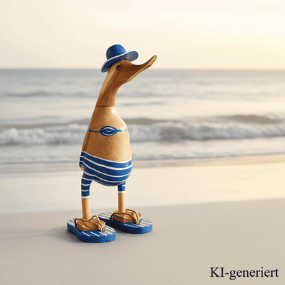 Ente aus Bambus - mit blauen Flip Flops, Hut und Bikini - Höhe ca. 25 cm. 
Wunderschöne Deko aus Bambuswurzel. Jedes Teil handgefertigt und ein Unikat. Ein Hingucker für Drinnen und Draußen. Das Bild ist mit KI-generiert.