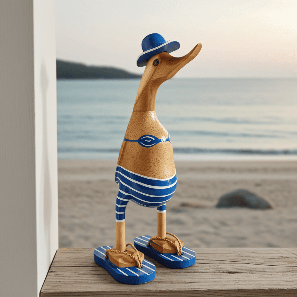 Ente aus Bambus - mit blauen Flip Flops, Hut und Bikini - Höhe ca. 25 cm. 
Wunderschöne Deko aus Bambuswurzel. Jedes Teil handgefertigt und ein Unikat. Ein Hingucker für Drinnen und Draußen.