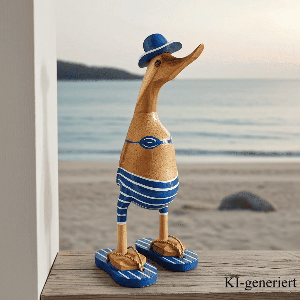 Ente aus Bambus - mit blauen Flip Flops, Hut und Bikini - Höhe ca. 25 cm. 
Wunderschöne Deko aus Bambuswurzel. Jedes Teil handgefertigt und ein Unikat. Ein Hingucker für Drinnen und Draußen. Das Bild ist mit KI-generiert.