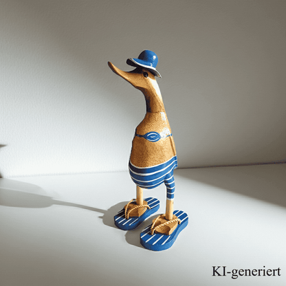 Ente aus Bambus - mit blauen Flip Flops, Hut und Bikini - Höhe ca. 25 cm. 
Wunderschöne Deko aus Bambuswurzel. Jedes Teil handgefertigt und ein Unikat. Ein Hingucker für Drinnen und Draußen. Das Bild ist mit KI-generiert.
