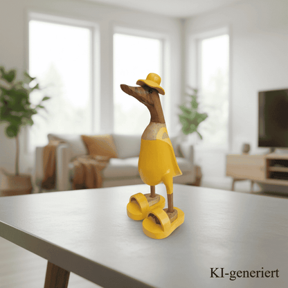 Ente aus Bambus mit Badeanzug und Sonnenhut und Badelatschen in Gelb. Höhe ca. 25 cm.
Wunderschöne Deko aus Bambuswurzel. Jedes Teil handgefertigt und ein Unikat. Ein Hingucker für Drinnen und Draußen.
Ente mit Badeanzug, Sonnenhut und Badelatschen in Gelb
Farbe: natur / gelb
Material: Bambus
Maße: Höhe 25 cm
Ursprung: Indonesien
Bild ist KI-generiert
