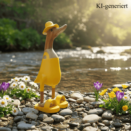 Ente aus Bambus mit Badeanzug und Sonnenhut und Badelatschen in Gelb. Höhe ca. 25 cm.
Wunderschöne Deko aus Bambuswurzel. Jedes Teil handgefertigt und ein Unikat. Ein Hingucker für Drinnen und Draußen.
Ente mit Badeanzug, Sonnenhut und Badelatschen in Gelb
Farbe: natur / gelb
Material: Bambus
Maße: Höhe 25 cm
Ursprung: Indonesien
Bild ist KI-generiert
