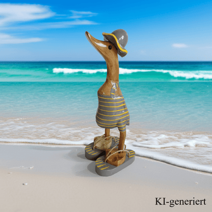 Bambusente im grauen Badeanzug mit gelben Streifen, Sonnenhut und Flip Flops - Höhe ca. 25 cm. 
Wunderschöne Deko aus Bambuswurzel. Jedes Teil handgefertigt und ein Unikat. Ein Hingucker für Drinnen und Draußen
Zudem stehen die Enten aus Bambus für Familie, Treue & Liebe und Holz für Wachstum. So macht es sie dadurch auch zu einem bedeutungsvollen Geschenk für einen lieben Menschen.