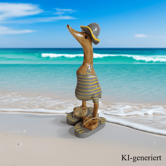 Bambusente im grauen Badeanzug mit gelben Streifen, Sonnenhut und Flip Flops - Höhe ca. 25 cm. 
Wunderschöne Deko aus Bambuswurzel. Jedes Teil handgefertigt und ein Unikat. Ein Hingucker für Drinnen und Draußen
Zudem stehen die Enten aus Bambus für Familie, Treue & Liebe und Holz für Wachstum. So macht es sie dadurch auch zu einem bedeutungsvollen Geschenk für einen lieben Menschen.